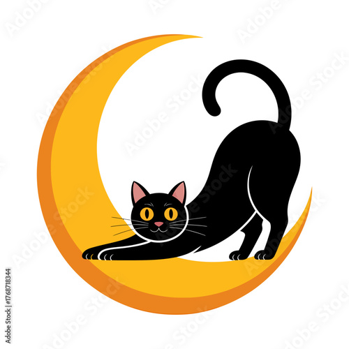 black cat stretching on yellow crescent moon vector illustration with cute halloween theme on white background