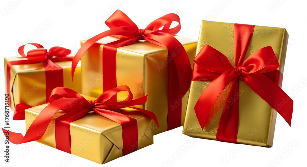 Fototapeta premium Golden christmas gifts with red ribbons isolated on transparent background