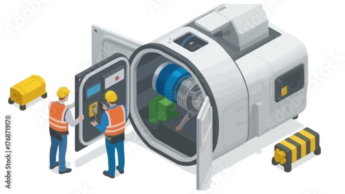 Two construction workers in hard hats and safety vests inspect an industrial machine with an open door and internal components