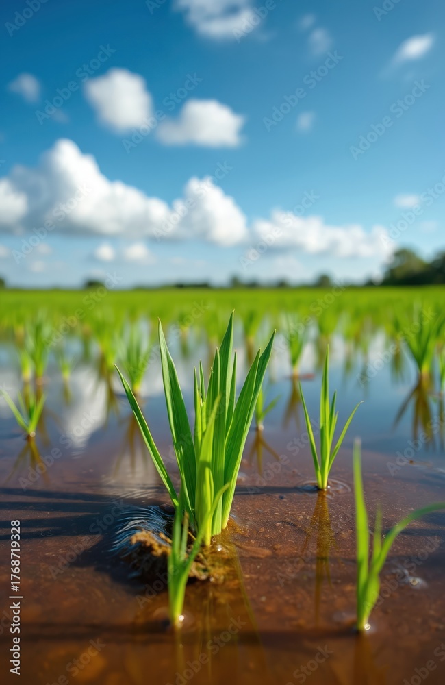 Fototapeta premium Flooded farm field with young crops under sky. Plant sprouts rise from water. Agriculture faces challenges in climate change. Green sprouts thrive despite inundation. Blue sky with clouds above