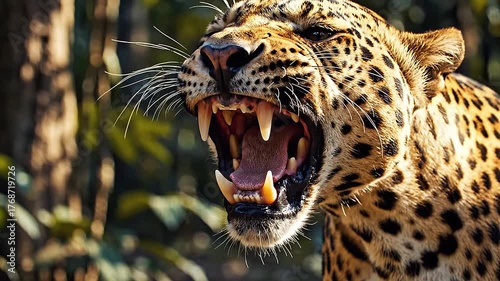 Curling in a snarl, a leopard's lip reveals a formidable canine tooth.