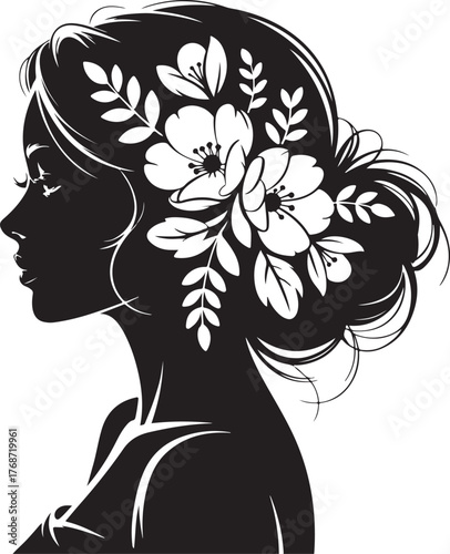 Elegant woman silhouette with floral hair