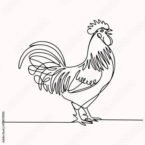 Continuous line drawing of a rooster standing in profile, a simple and elegant farm animal illustration