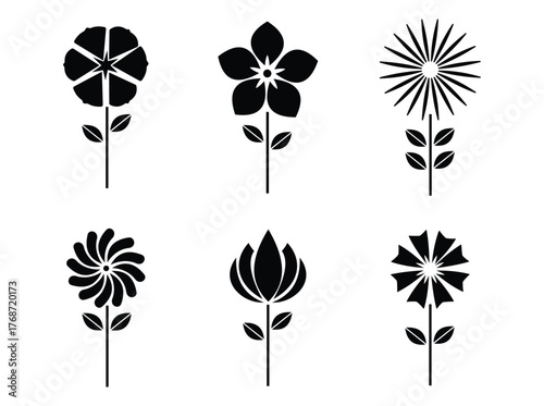 Collection of six different flower icons in black silhouette for design needs