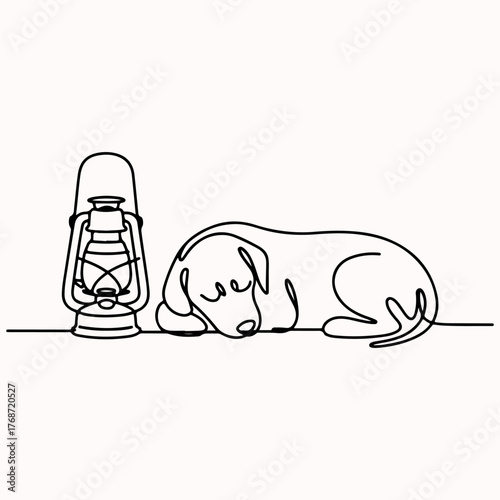Adorable sleeping dachshund puppy drawn in a single continuous line next to a rustic kerosene lamp
