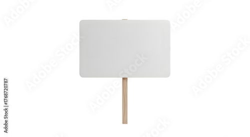 A blank white sign on a wooden stick against a white background.