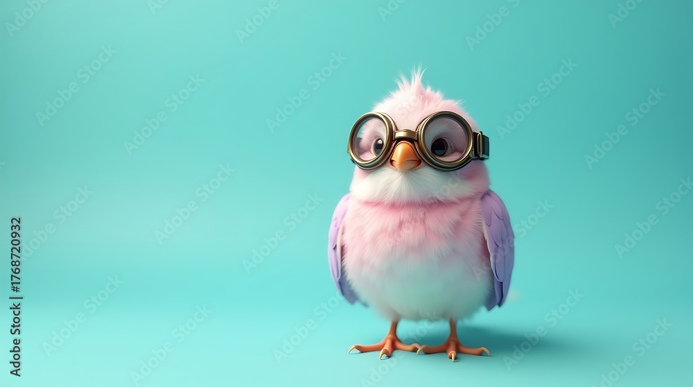 Fototapeta premium A cute bird with pink and purple feathers wearing steampunk goggles