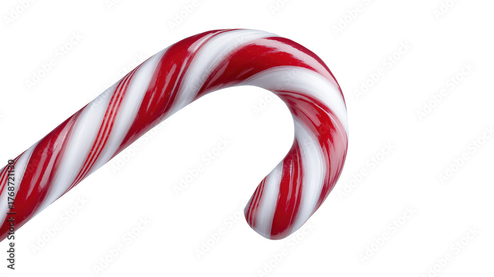 Fototapeta premium Red and white candy cane isolated on transparent background, traditional Christmas sweet with glossy stripes and curved shape, realistic holiday object.