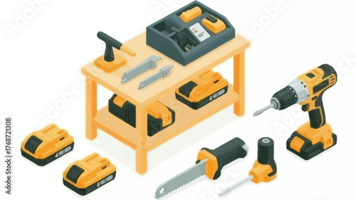 Collection of cordless power tools and batteries neatly arranged on a wooden workbench ready for diy projects