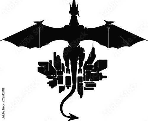 Silhouette dragon flying over a minimalist city vector illustration