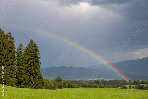 Beautiful rainbow arches over green meadow in the German Alps after a rain shower in late afternoon light