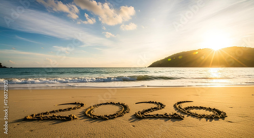2020 Beach Sunrise New Year's Greeting with Sun, Sand, and Ocean Waves
