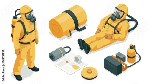 Set of isometric illustrations depicting hazmat suit personnel and related safety equipment for hazardous material handling