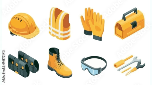 Collection of essential safety equipment and tools for construction and industrial work in isometric view