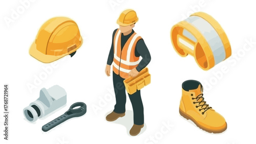 Isometric illustration of a construction worker with safety gear and tools on a white background