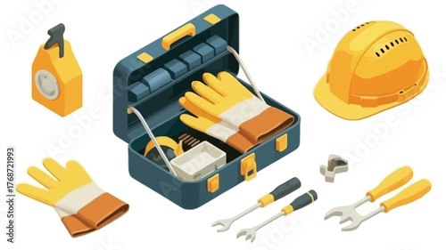 Collection of essential construction and repair tools including a toolbox hard hat gloves screwdrivers and wrenches