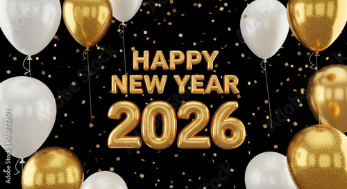 Luxurious New Year 2026 celebration banner featuring realistic gold and white balloons with sparkling confetti on a black background