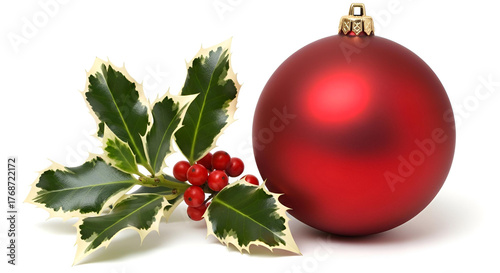 Festive Holiday Decoration Red Ornament and Holly Sprig for Christmas Celebration