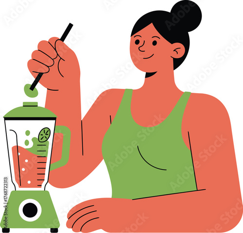 Woman making smoothie in blender healthy lifestyle diet