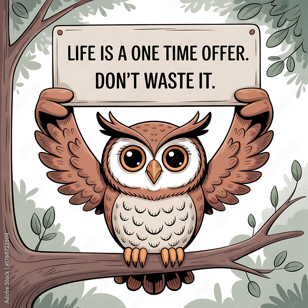 Obraz premium An owl sitting on a branch holding a sign with a motivational message