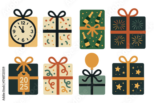 Festive gift box collection with clock, fireworks, and 2025 tag design