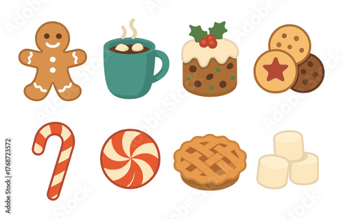 Festive holiday treats and desserts: gingerbread cookies, hot cocoa, candy canes, marshmallows