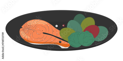 Hans Drawn Salmon steak Brussels Sprouts Salad leaves and peppercorn mix on Black Plate Healthy Food