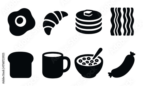 Silhouette icons of breakfast foods: pancakes, bacon, croissant, egg, bread, coffee, cereal, sausage