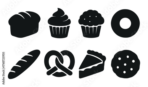Silhouette icons of various baked goods on textured background
