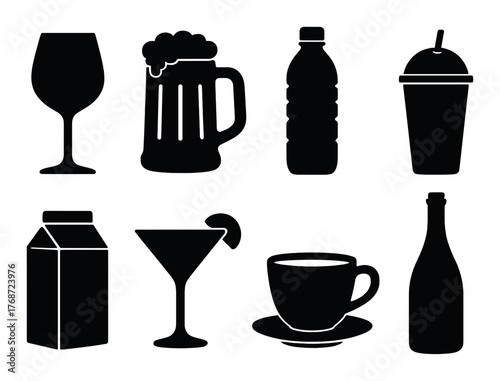 Silhouettes of various beverage containers: wine, beer, bottle, shake, carton, cocktail, cup, champagne
