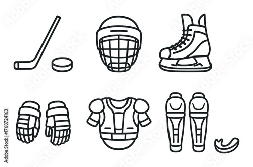 Essential ice hockey gear: stick, puck, helmet, skates, gloves, pads