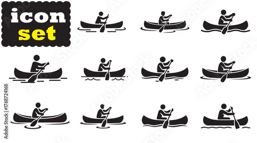 Lake canoeing icon set, Lake canoeing Black vector