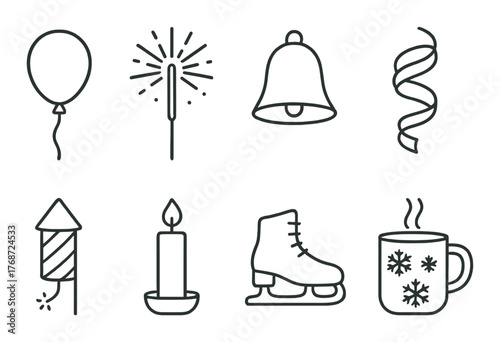 Festive icon set featuring balloon sparkler bell ribbon firework candle skate mug