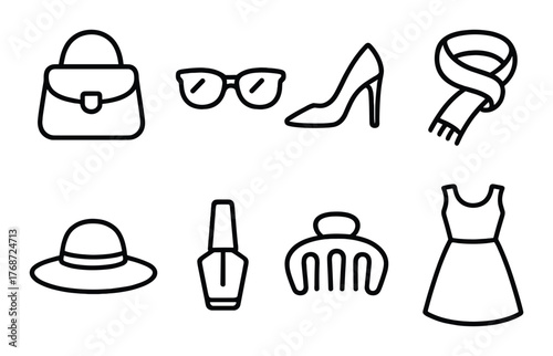 Fashion accessories icons: handbag, sunglasses, high heels, scarf, hat, nail polish, hair clip, dress