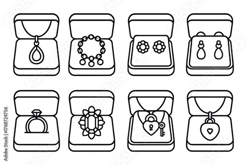 Elegant jewelry boxes with necklaces, earrings, rings, and lockets in display