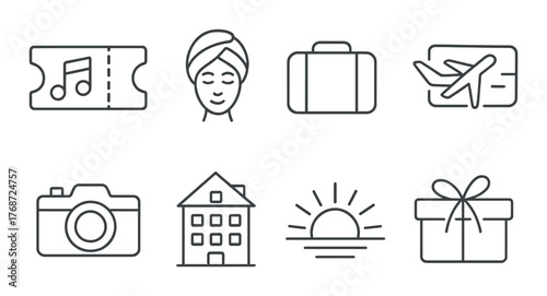Collection of minimalist travel and leisure icons featuring tickets, luggage, and more