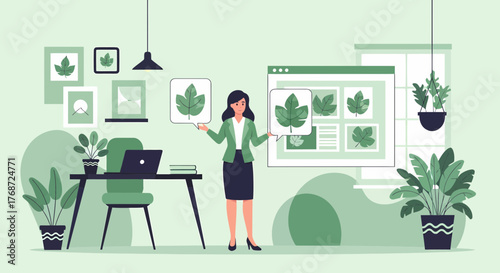 Woman Presenting Green Initiatives In Sustainable Workspace Illustration