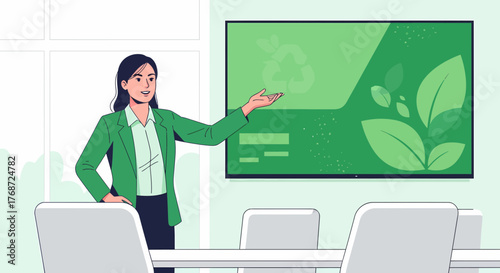 Woman Presenting Sustainable Practices at Corporate Boardroom Meeting