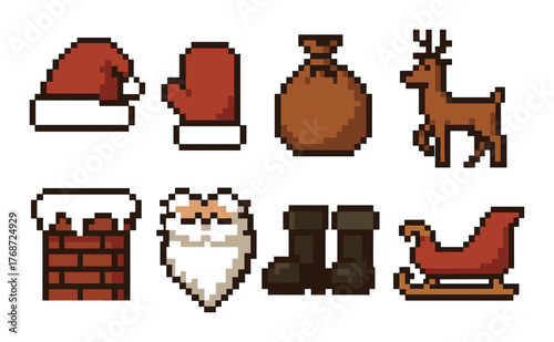 Retro pixel art christmas icons featuring santa, reindeer, sleigh, and gifts