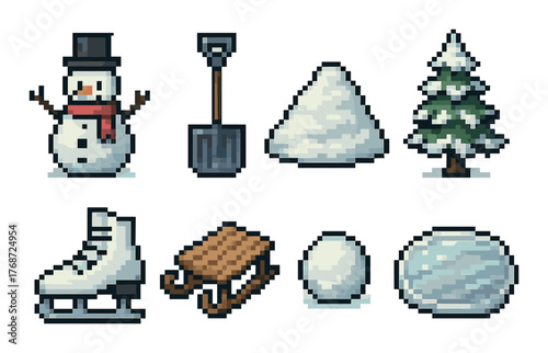 Pixel art winter icons: snowman, shovel, snowpile, tree, skate, sled, snowball, ice