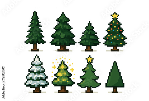 Pixel art christmas trees with decorations and snow on green background