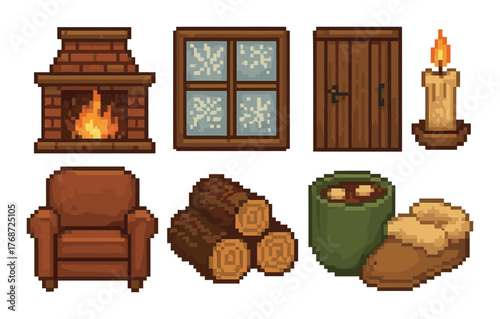 Cozy pixel art fireplace scene with warm hearth and winter elements