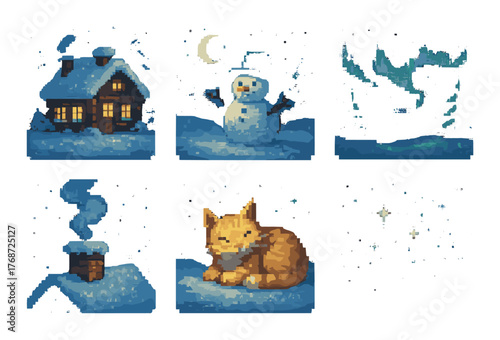 Cozy winter scenes with house, snowman, northern lights, and cat in snow