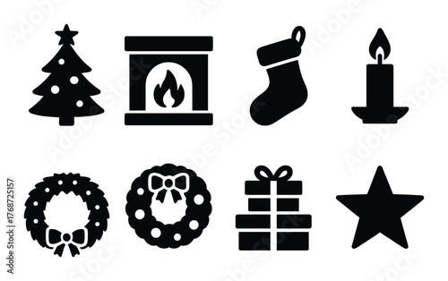 Christmas icon set: candle, tree, wreath, star, fireplace, gifts, stocking symbols
