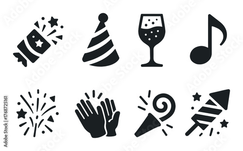 Party icons set: confetti, hat, wine glass, music note, fireworks, clapping hands, party horn