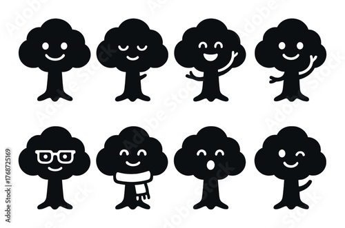 Set of cartoon trees with various facial expressions and accessories on dark background