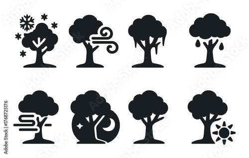 Eight tree silhouettes representing weather and time variations