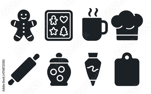 Modern baking icons: gingerbread, cookies, chef hat, kitchen tools