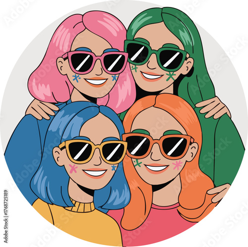 Four friends with vibrant hair and sunglasses pose together cheerfully