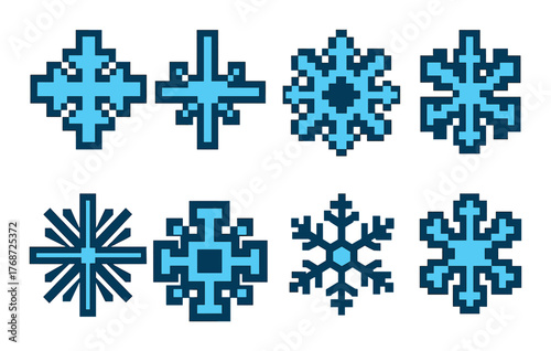 Pixel art blue snowflakes on dark background: eight designs